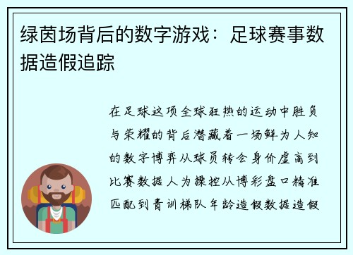 绿茵场背后的数字游戏：足球赛事数据造假追踪